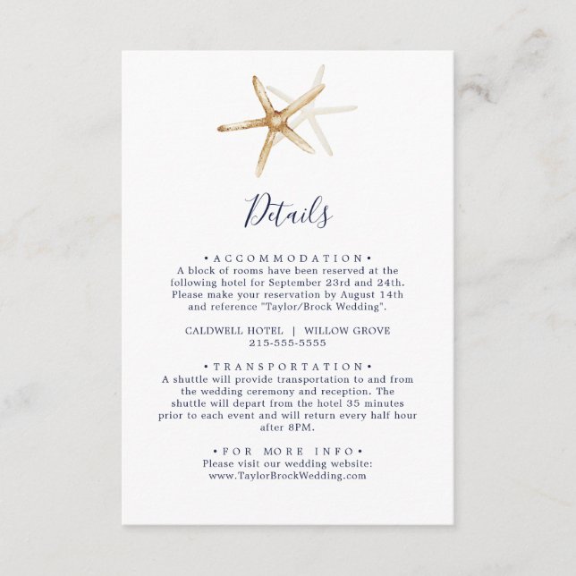 Moderne Nautik | Angaben zur Hochzeit von Starfish Begleitkarte (Vorderseite)