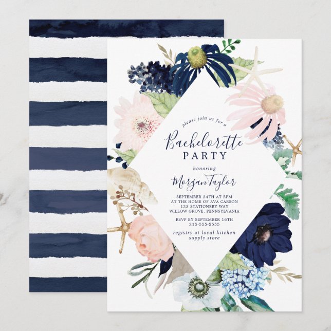 Moderne Nautik | Blumenkohl - Junggeselinnen-Absch Einladung (Vorne/Hinten)