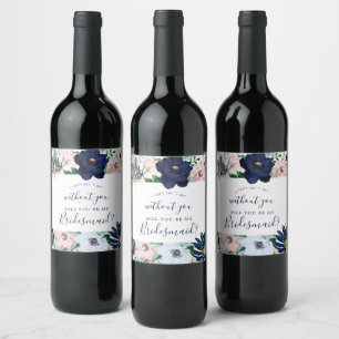 Moderne Nautik Floral Bridesmaid Vorschlag Weinetikett