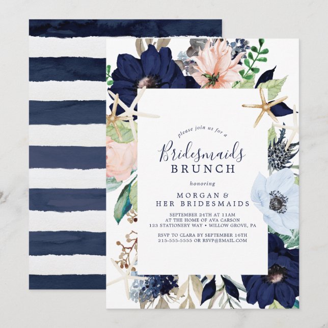 Moderne Nautik | Floral Bridesmaiers Brunch Einladung (Vorne/Hinten)
