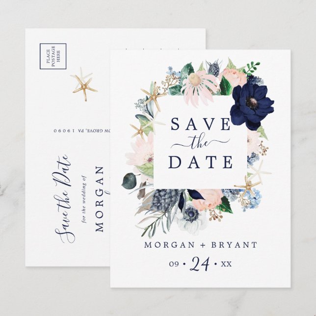 Moderne Nautik | Floral Save the Date Postkarte (Vorne/Hinten)
