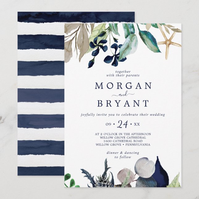 Moderne Nautik | Greenery Navy Stripe Wedding Einladung (Vorne/Hinten)