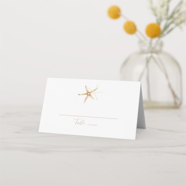 Moderne Nautik | Starfish Brown Wedding Platzkarte (Vorderseite)
