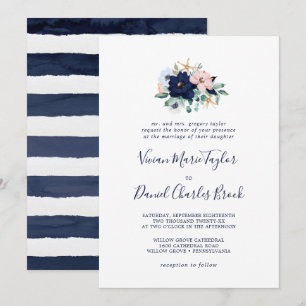 Moderne Nautik   Traditionelle Hochzeit mit Blumen Einladung