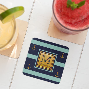 Moderne nautische Anker Blau Gold Monogramm Rechteckiger Pappuntersetzer
