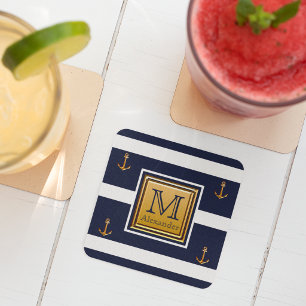 Moderne nautische Anker Blau Weiß Gold Monogramm Rechteckiger Pappuntersetzer