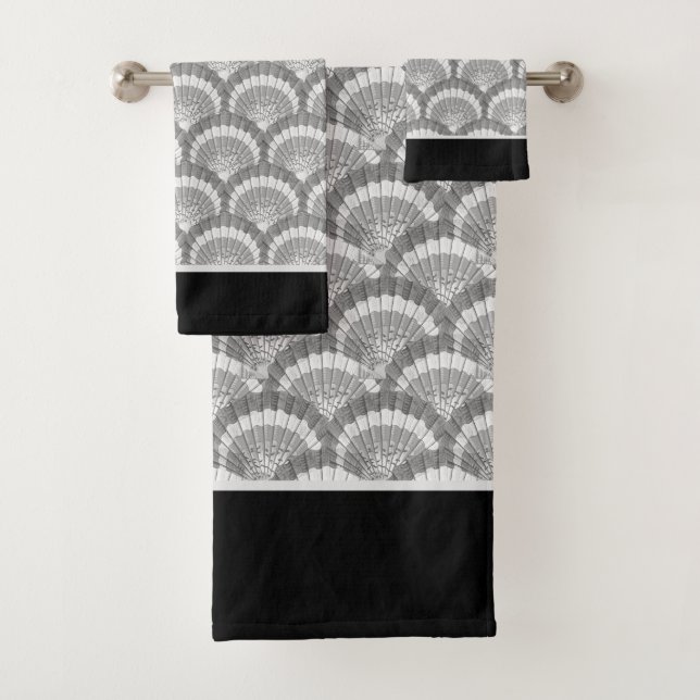 Moderne nautische Seashell Grau Muscheln Schwarz Badhandtuch Set (Insitu)