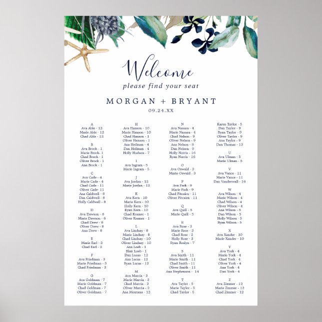 Moderne nautische Vegetation Alphabetische Sitzplä Poster (Vorne)