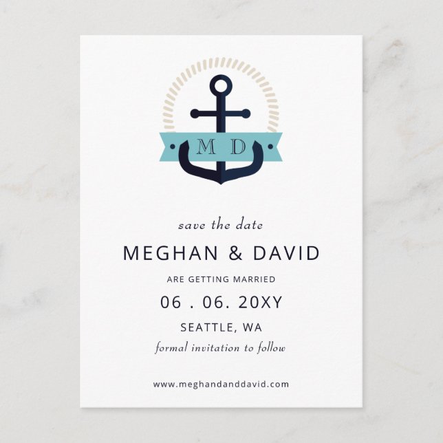 Moderne Navy Anchor Nautical Monogram Wedding Rett Ankündigungspostkarte (Vorderseite)