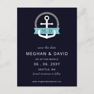 Moderne Navy Anchor Nautical Monogram Wedding Rett Ankündigungspostkarte