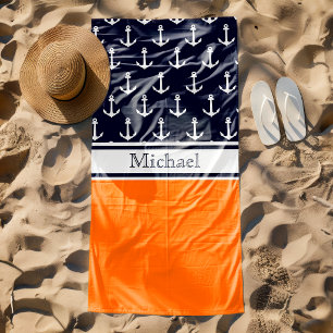 Moderne Navy Blau Anker Muster Name Nautical Strandtuch