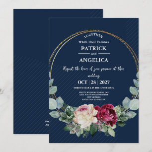 Moderne Navy Blau Burgund Gold Röte Pink Hochzeit Einladung