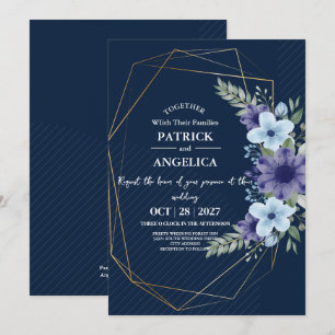 Moderne Navy Blau Burgund Gold Röte Pink Hochzeit Einladung
