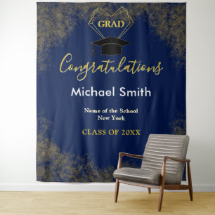 Moderne Navy Blau Elegante Gold Abschluss-Foto Hin Wandteppich