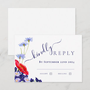 Moderne Navy Blau Elegante Sommer Blumen Hochzeit RSVP Karte