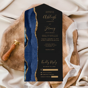 Moderne Navy-Blau-Gold-Achat-Dunkle Hochzeit All In One Einladung