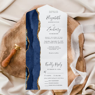 Moderne Navy Blau Gold Achat Mahlzeiten Wahl Hochz All In One Einladung