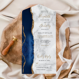 Moderne Navy-Blau-Gold-Achat-Marmor-Hochzeit All In One Einladung
