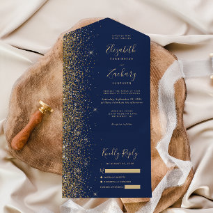 Moderne Navy Blau Gold Glitter Hochzeit All In One Einladung