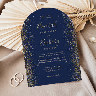 Moderne Navy-Blau-Gold-Glitter-Rand-Bogen-Hochzeit Einladung