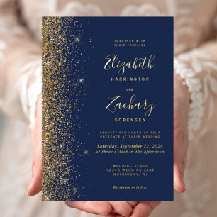 Moderne Navy-Blau-Gold-Glitter-Rand-Hochzeit Folieneinladung