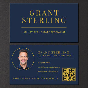Moderne Navy-Blau-Gold-Immobilienmakler-QR-Code Visitenkarte
