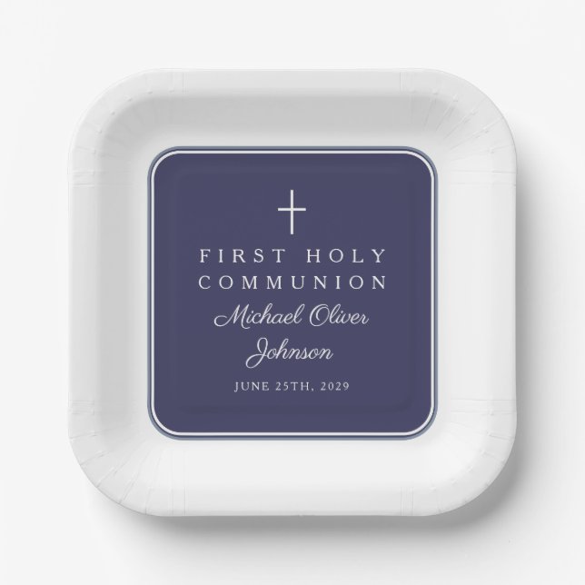 Moderne Navy Blau Kreuz Junge Erste Kommunion Pappteller (Vorderseite)