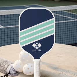 Moderne Navy Blau Mint Weiße Streifen Monogramm Pickleball Schläger