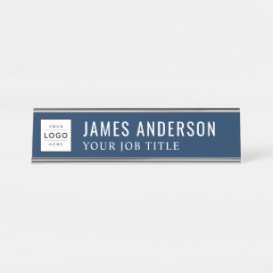 Moderne Navy Blau personalisiertes Geschäftslogo Schreibtischnamensplakette