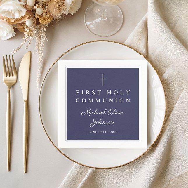 Moderne Navy Blau Religiöser Junge Erste Kommunion Serviette (Modern Navy Blue Religious Boy First Communion Napkins)