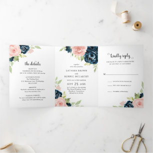 Moderne Navy-Blau-Rosa-Blumen-Elegante Hochzeit Dreifach Gefaltete Einladung