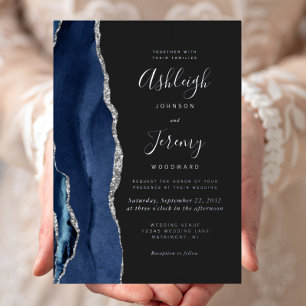 Moderne Navy-Blau-Silber-Achat-Dunkle Hochzeit Folieneinladung