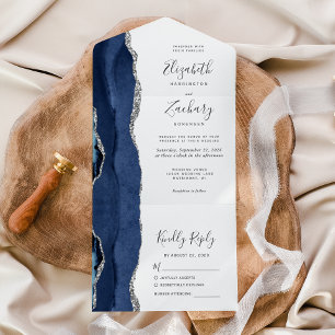 Moderne Navy-Blau-Silber-Achat-Hochzeit All In One Einladung