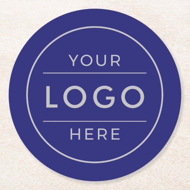 Moderne Navy Blau Silber Custom Geschäftslogo Runder Pappuntersetzer (Vorderseite)