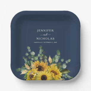Moderne Navy-Blau Sonnenblumen-Hochzeit Pappteller