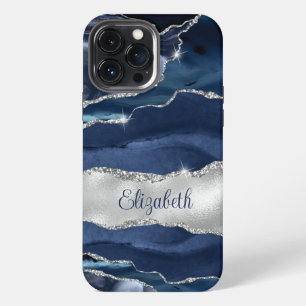 Moderne Navy-Blau und Silber-Achat-Monogramm iPhone 13 Pro Max Hülle