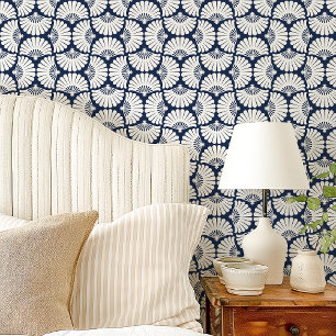 Moderne Navy Blau Weiße Ogee Palmwedel-Fächer Tapete
