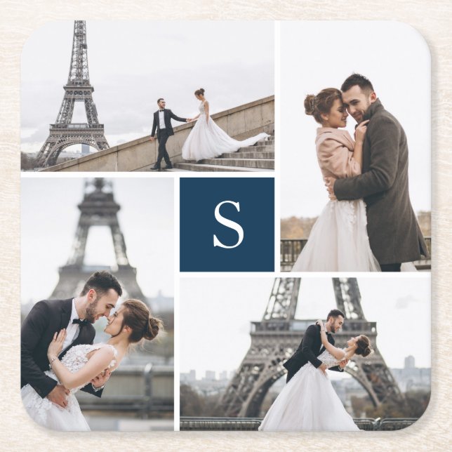 Moderne Navy Blue 4 Foto Gallery und Monogram Rechteckiger Pappuntersetzer (Vorderseite)