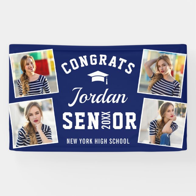 Moderne Navy Blue Abschluss Class 2024 FOTO Banner (Horizontal)