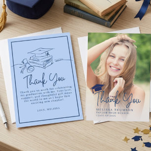 Moderne Navy-Blue-Abschlussfoto im Schriftstil Dankeskarte