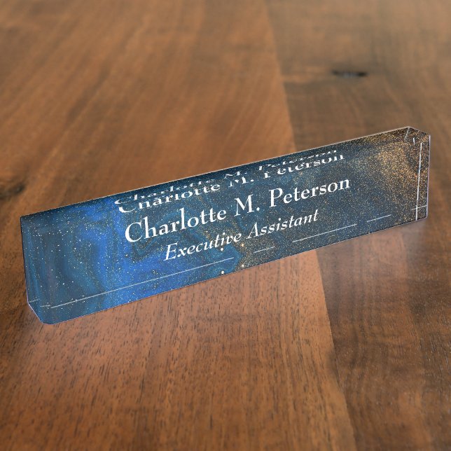 Moderne Navy Blue and Gold Aquarell Namensplakette (Seite)