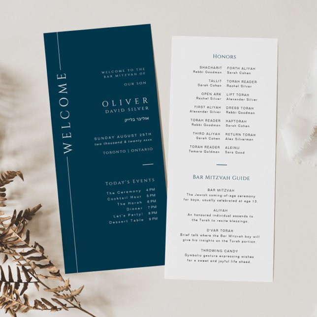 Moderne Navy Blue Bar Mitzvah Programmkarte Zeitpl (Von Creator hochgeladen)