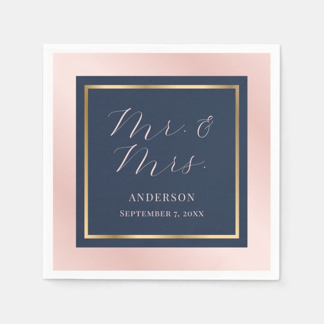 Moderne Navy Blue Blush and Gold Wedkins Serviette (Vorderseite)