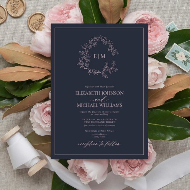 Moderne Navy Blue Blush Pink Monogram Wedding Einladung (Von Creator hochgeladen)