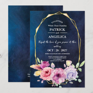 Moderne Navy Blue Burgundy Gold Blush Pink Wedding Einladung