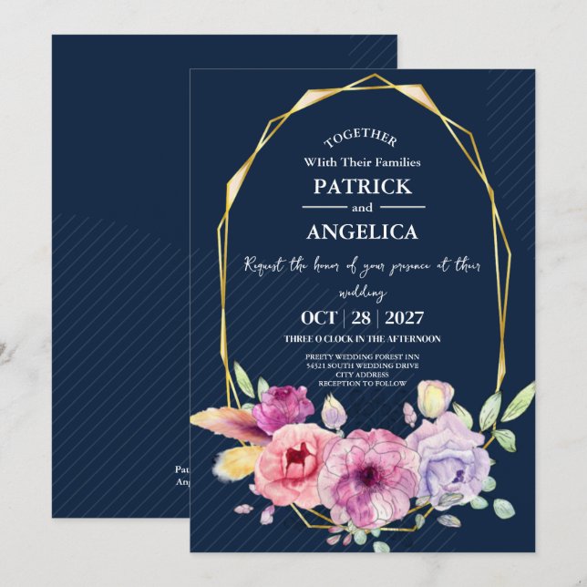Moderne Navy Blue Burgundy Gold Blush Pink Wedding Einladung (Vorne/Hinten)