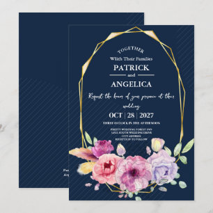 Moderne Navy Blue Burgundy Gold Blush Pink Wedding Einladung