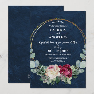 Moderne Navy Blue Burgundy Gold Blush Pink Wedding Einladung