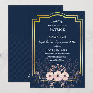 Moderne Navy Blue Burgundy Gold Blush Pink Wedding Einladung