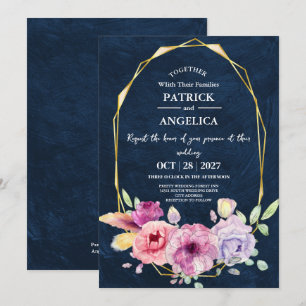 Moderne Navy Blue Burgundy Gold Blush Pink Wedding Einladung